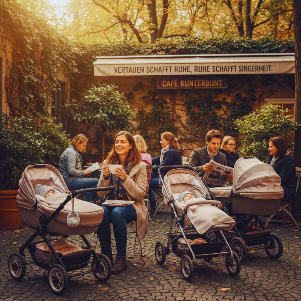 “Strollers with sleeping babies outside a Berlin café representing trust-based European parenting.”