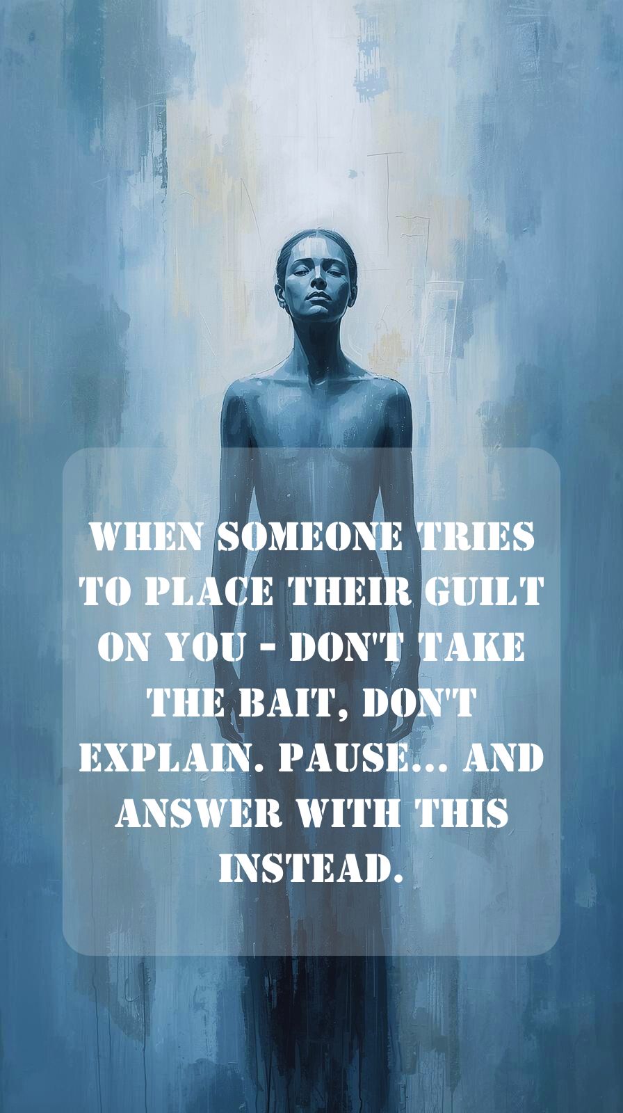 “Person standing firm while a shadowy figure attempts to hand them symbolic guilt; represents emotional boundaries.”