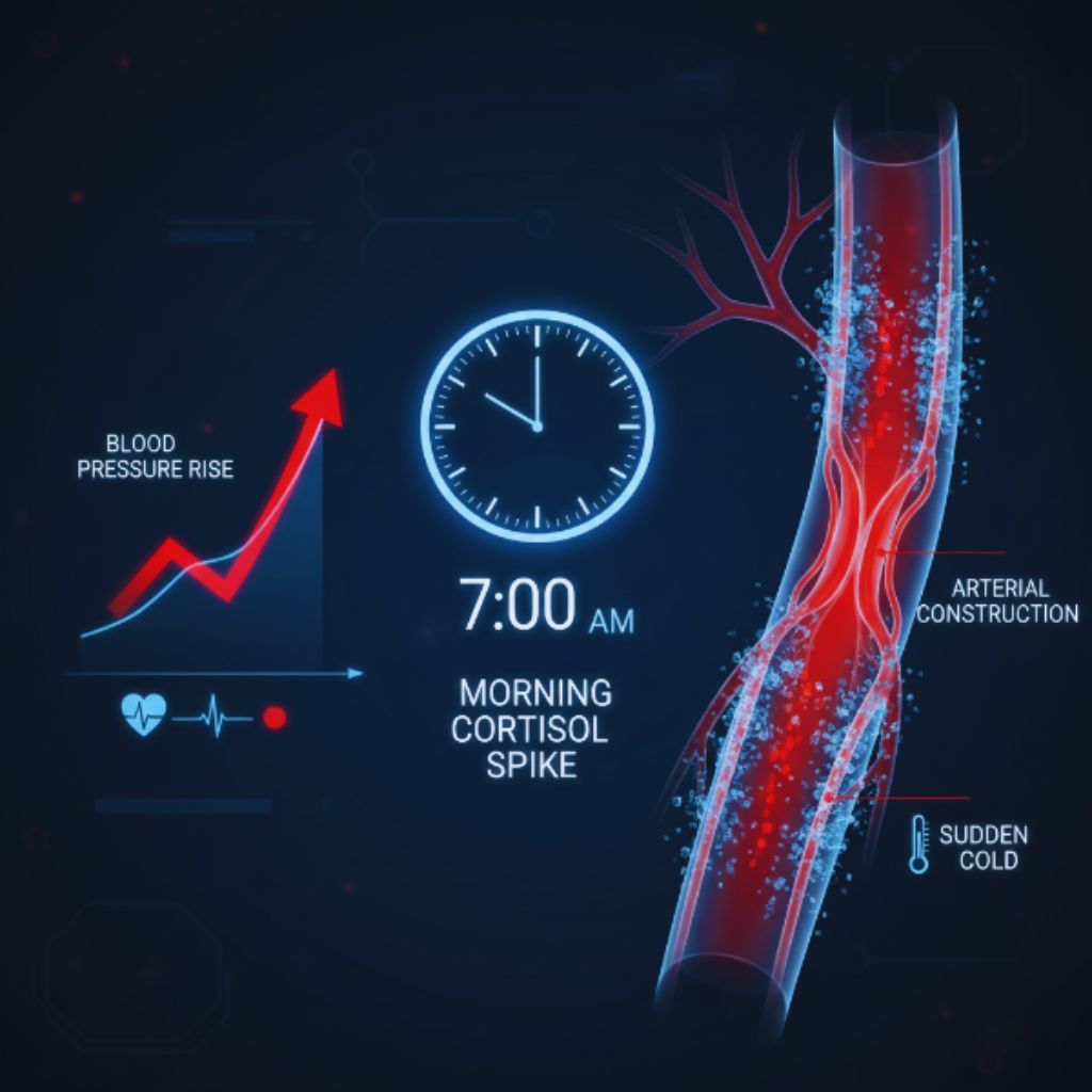 Graphic of a morning clock and arteries constricting, representing how cold exposure affects blood pressure immediately after waking.