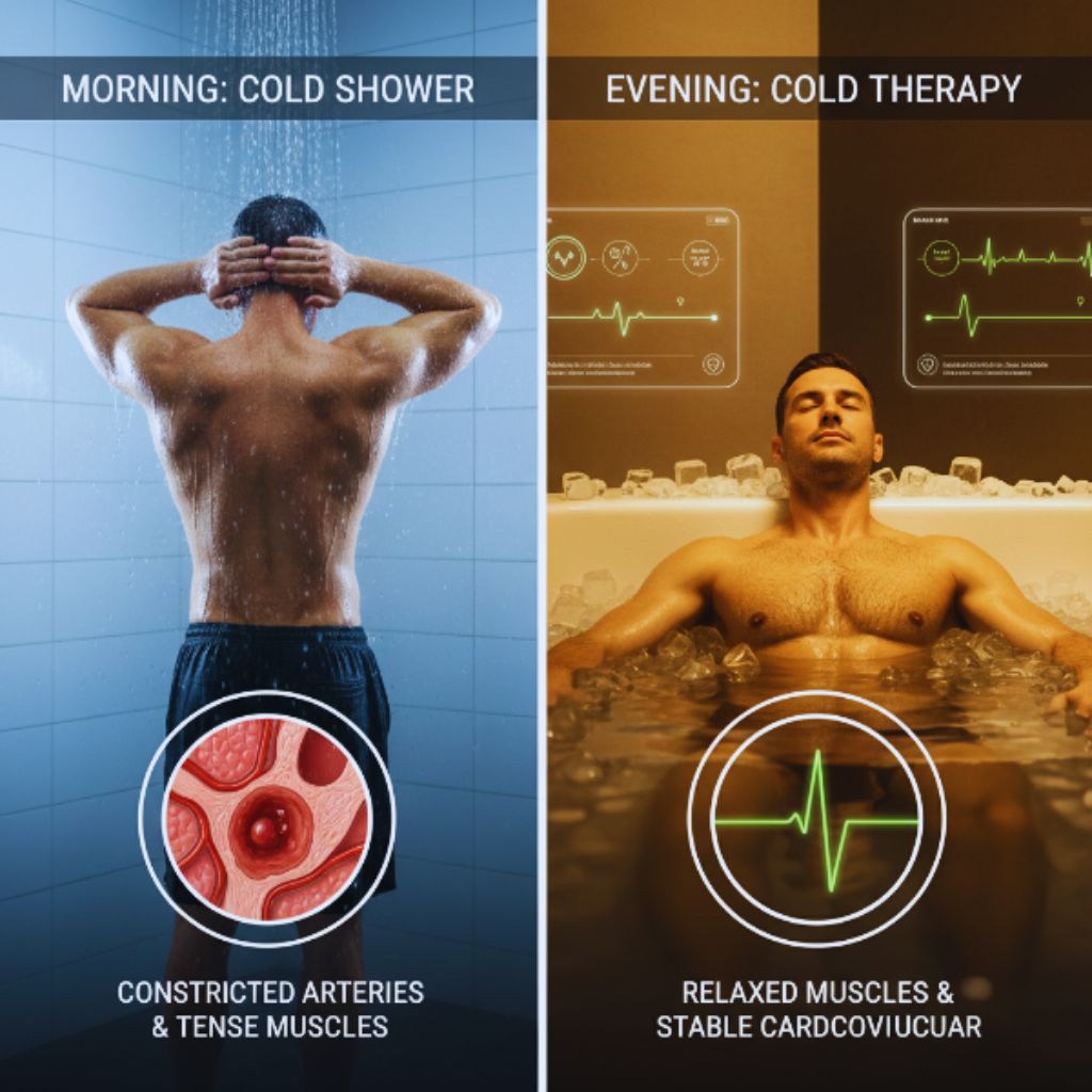 Comparison graphic showing morning vs evening cold exposure and how the body reacts differently.