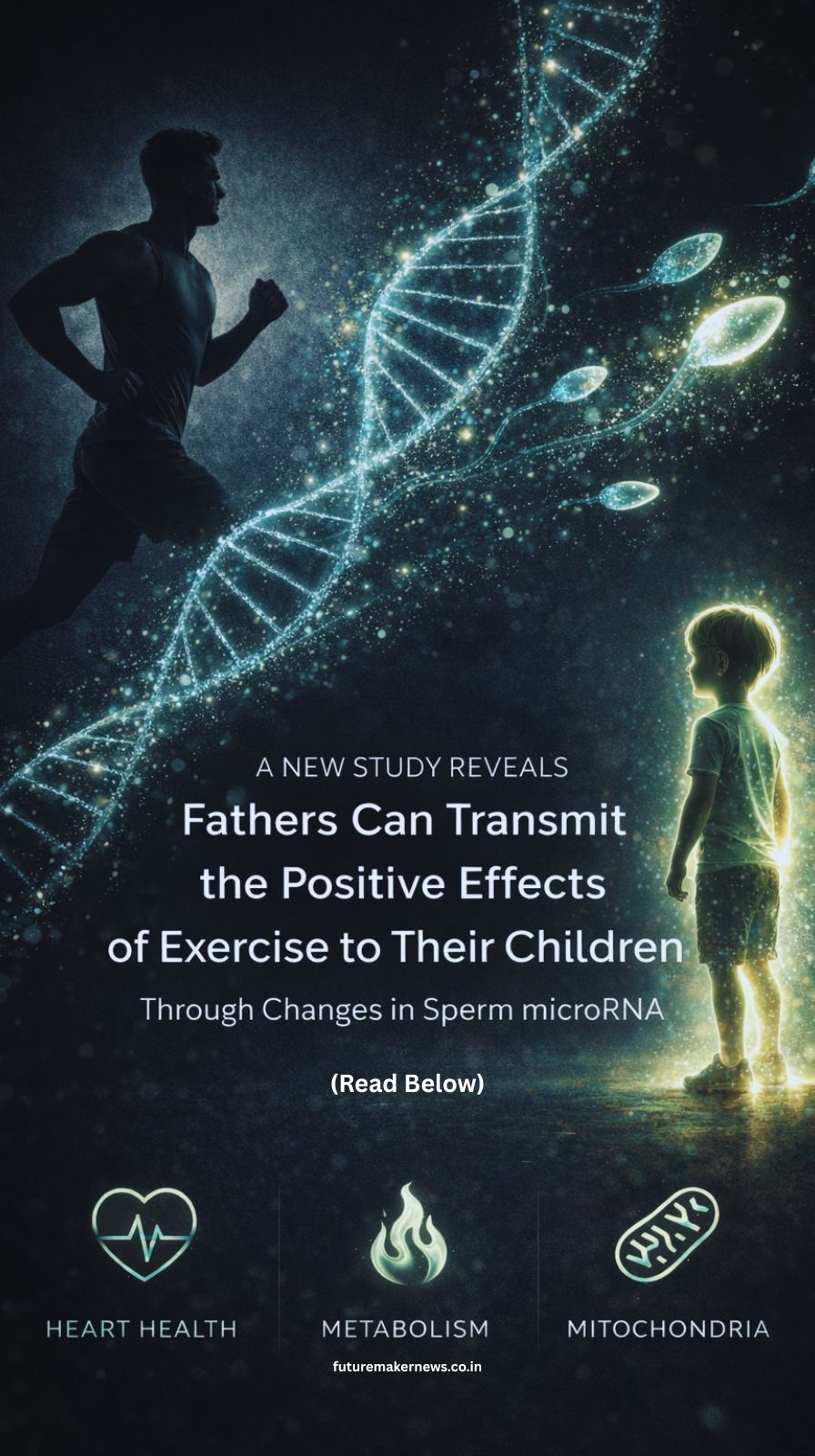 Scientific illustration showing how a father’s exercise habits influence sperm microRNA, symbolizing epigenetic changes passed to children that improve endurance, metabolism, and heart health.