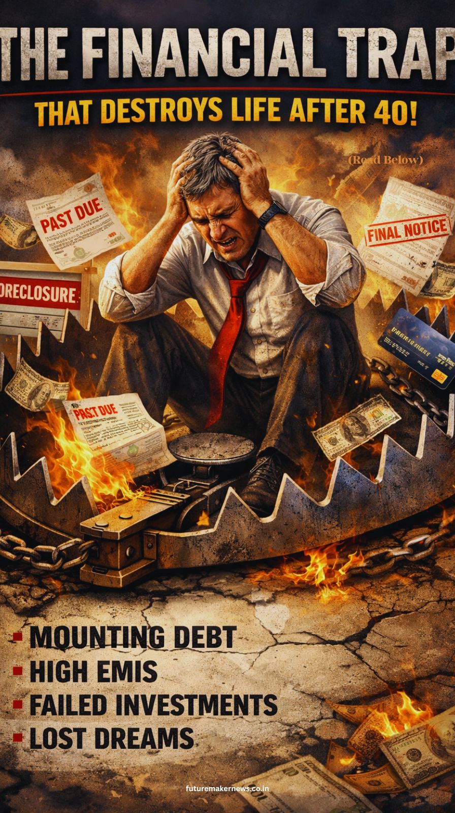 A middle-aged man sitting alone at night reviewing bills and finances, symbolizing the financial trap of debt, status pressure, and loss of freedom after 40.