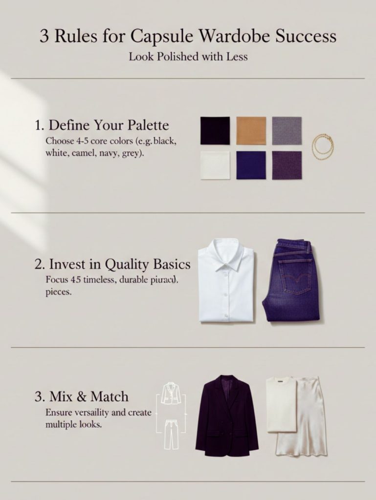 Infographic showing three capsule wardrobe rules including neutral color palette, silhouette balance examples, and natural fabric textures like wool, silk, and linen.