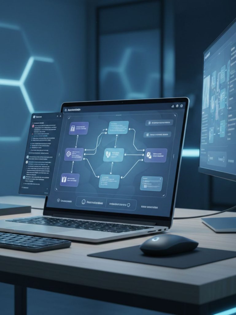 Laptop showing AI automation tools used for business services and prompt engineering.