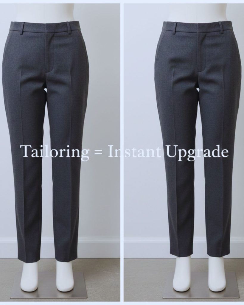 Comparison of untailored trousers versus hemmed tailored trousers showing difference in fit and polish.