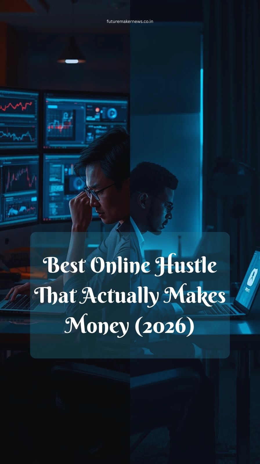 Split image showing stressed entrepreneur trying multiple online hustles versus calm person earning passive income from digital products.