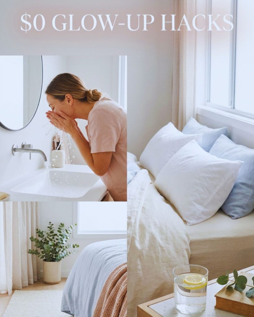 Morning skincare lifestyle setup showing cold water splash, clean pillowcase, and a glass of salted lemon water in soft natural light.