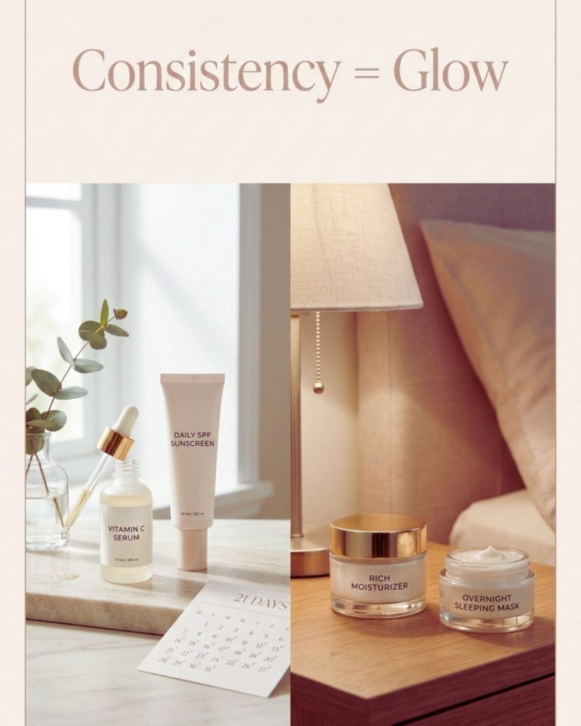 Split image of morning vitamin C and SPF routine beside nighttime moisturizer and sleeping mask in a soft aesthetic setting.