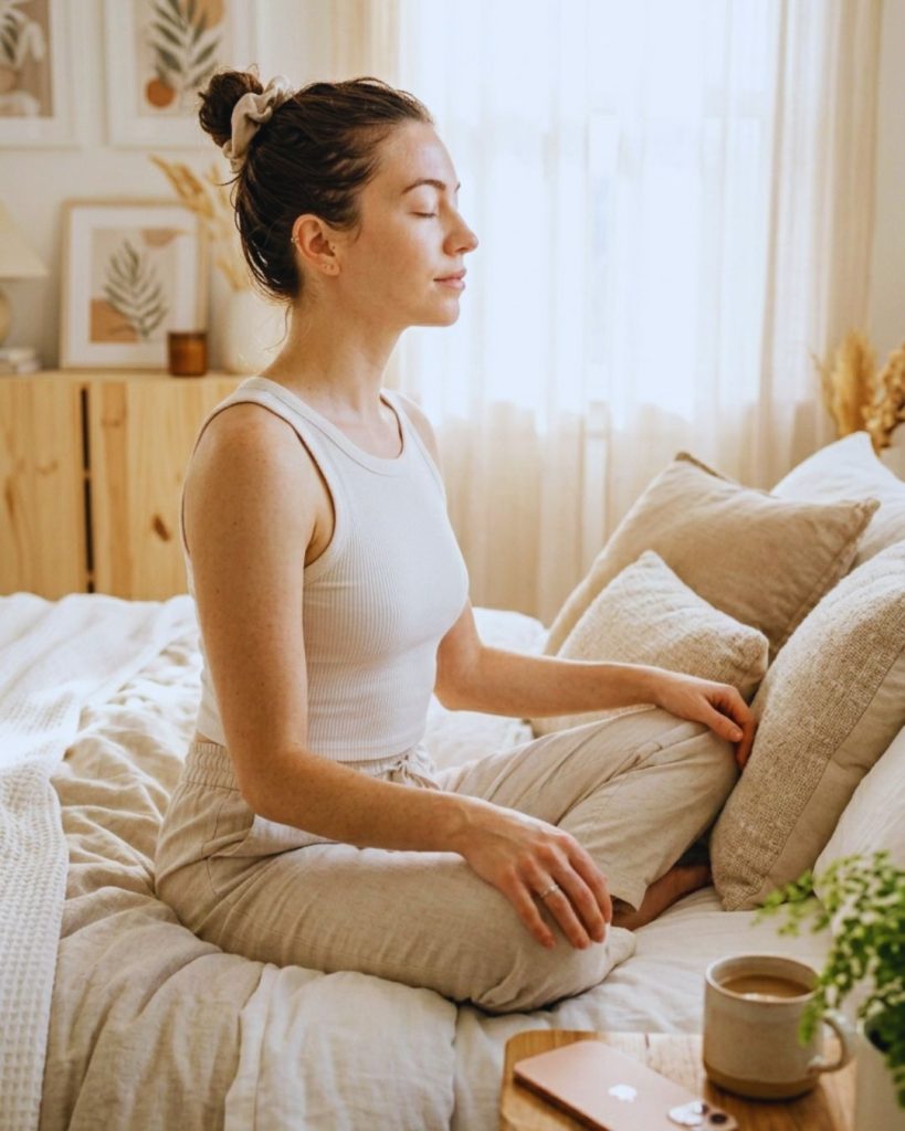 Woman practicing morning breathing exercise with phone turned away in soft natural light.
