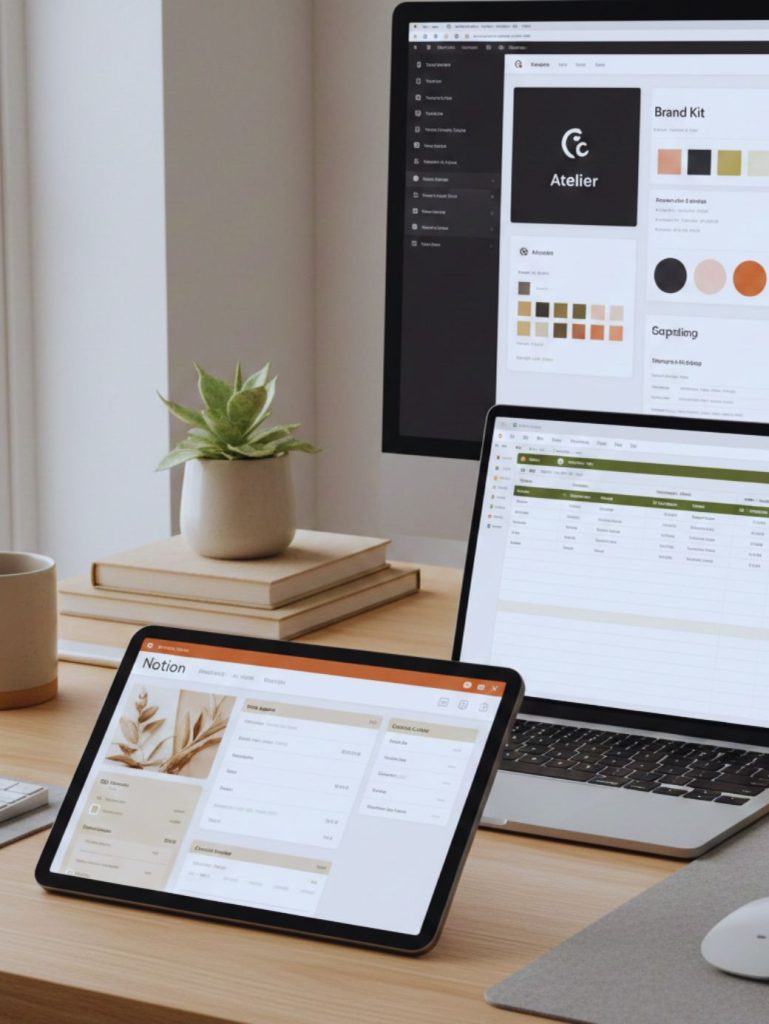 Digital productivity templates displayed on tablet and laptop for online passive income.