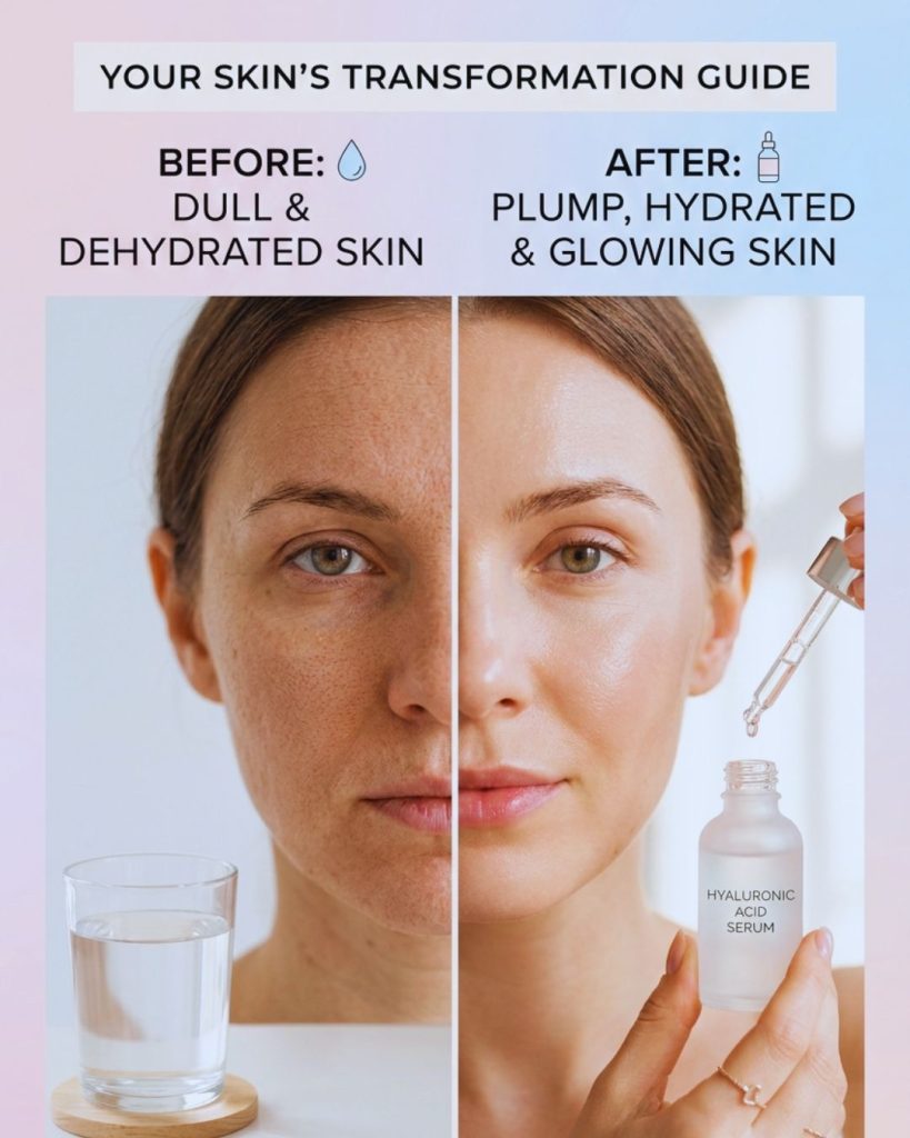 Comparison of dull dehydrated skin and plump glowing hydrated skin with water and serum.