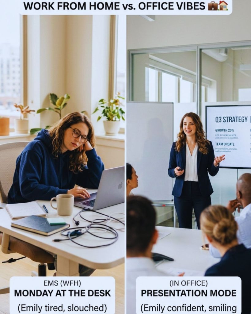 Side-by-side comparison of casual vs professional outfit affecting posture and confidence in office setting.