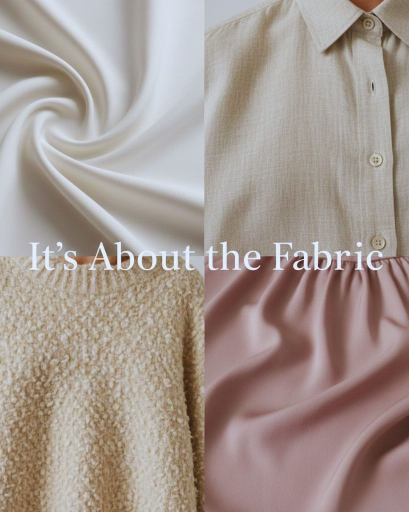 Close-up of cotton-modal knit, linen blend fabric and textured sweater representing affordable luxury fabrics.