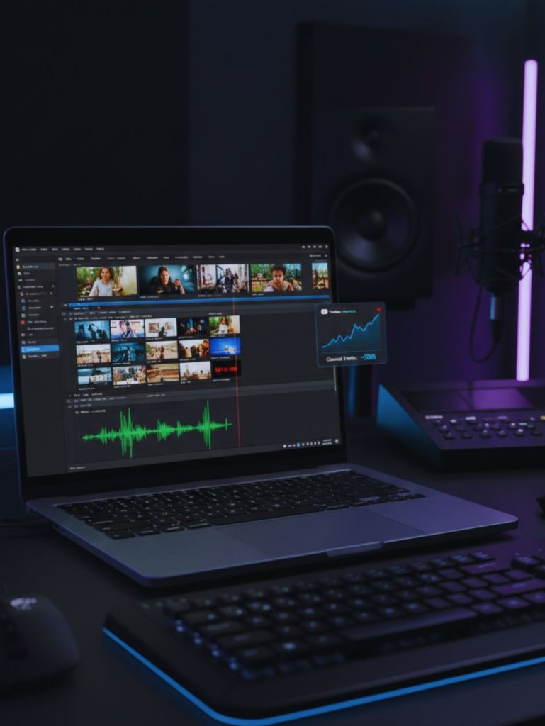 Video editing screen showing faceless YouTube channel production and monetization growth.