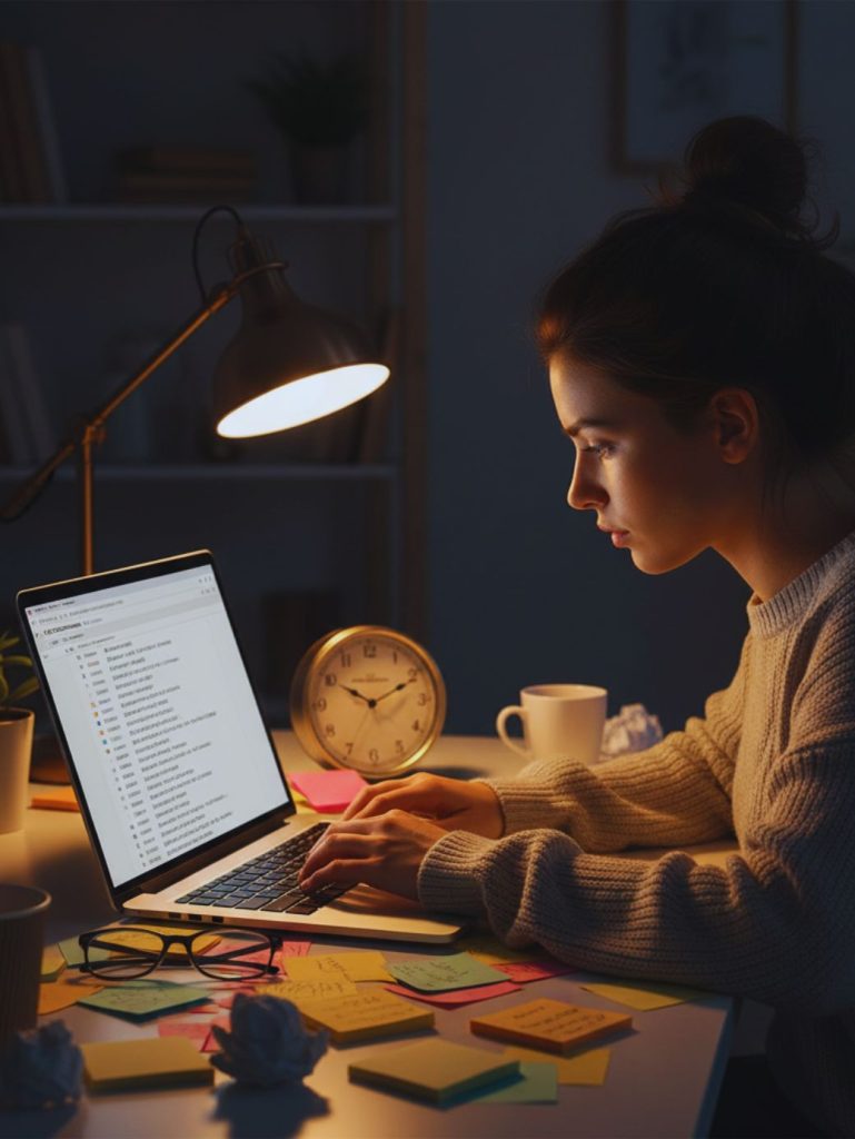 Overworked freelancer managing client messages late at night showing time-for-money income model.