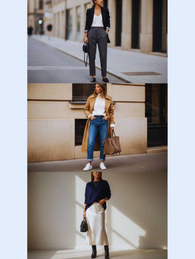 Three capsule wardrobe outfit examples including professional blazer look, casual trench coat weekend outfit, and elegant silk skirt evening outfit styled in neutral tones.