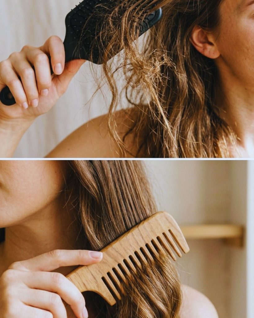 Comparison of aggressive brushing versus gentle detangling with wide-tooth comb.