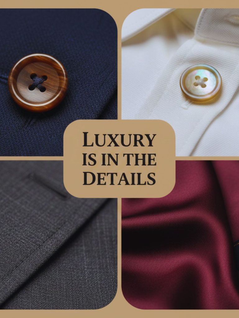 Close-up of horn buttons, silk lining and pick stitching on blazer representing understated luxury details.