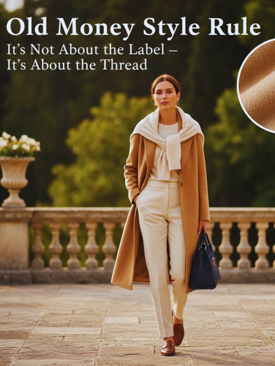 Woman wearing camel wool coat and cashmere sweater in neutral luxury setting highlighting old money style aesthetic.