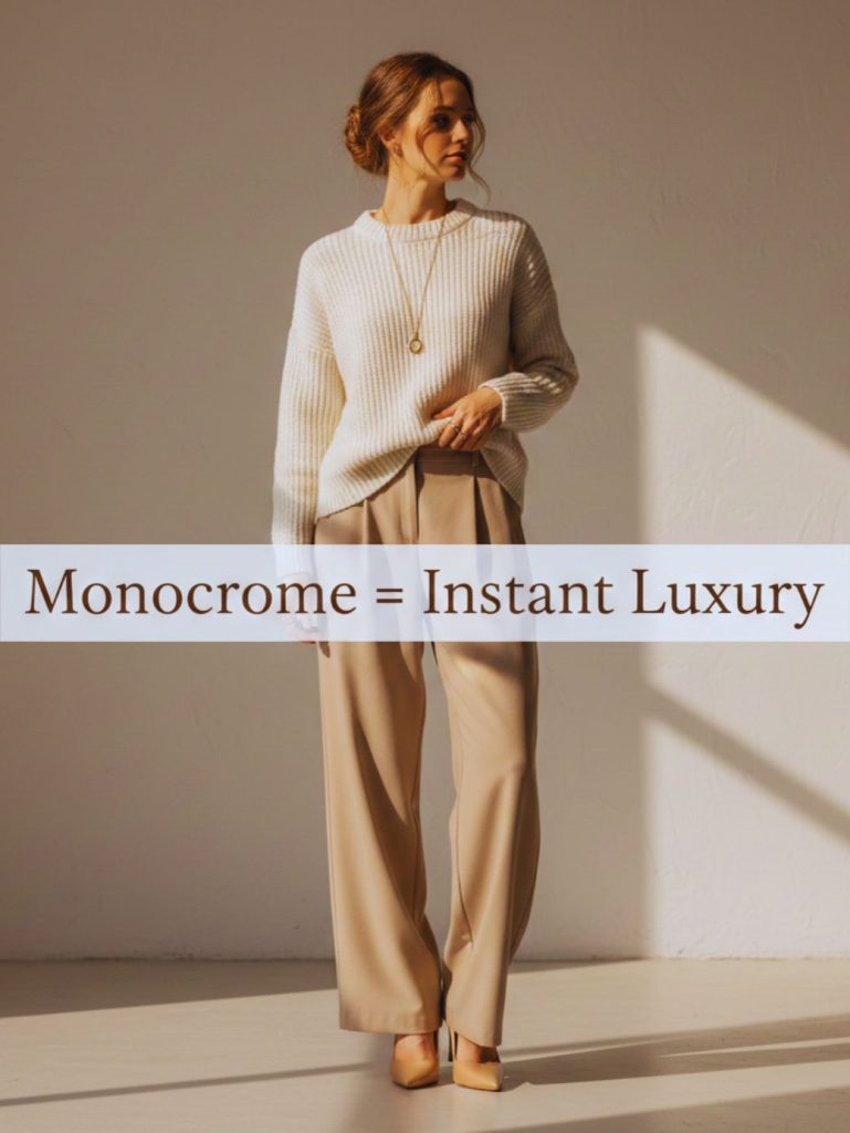 Beige monochrome outfit with knit sweater and wide-leg trousers showing expensive neutral fashion style.