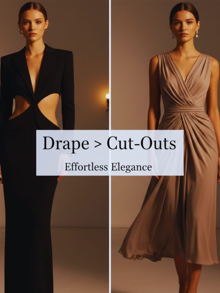 Cut-out dress compared to draped midi dress in neutral tone representing refined 2026 fashion trend.
