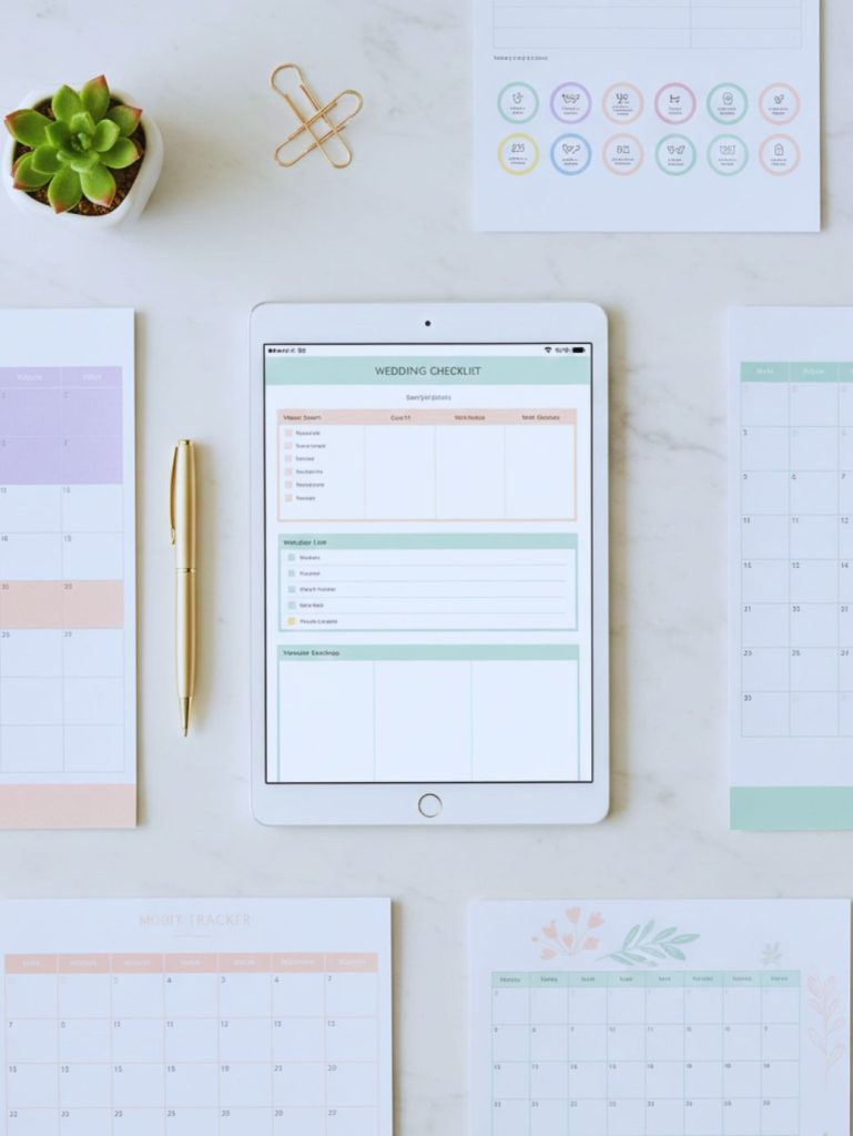 Digital printable planners and trackers displayed on tablet and paper for online selling.