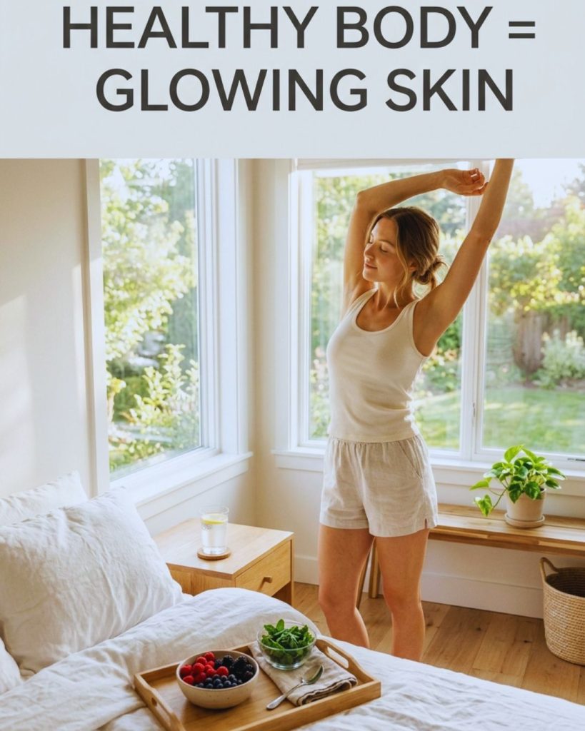 Woman stretching in morning light with water and antioxidant-rich foods nearby to represent healthy habits for glowing skin.