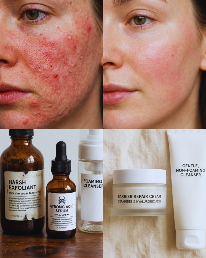 Harsh exfoliating products beside gentle cleanser and moisturizer to show skin barrier repair concept.