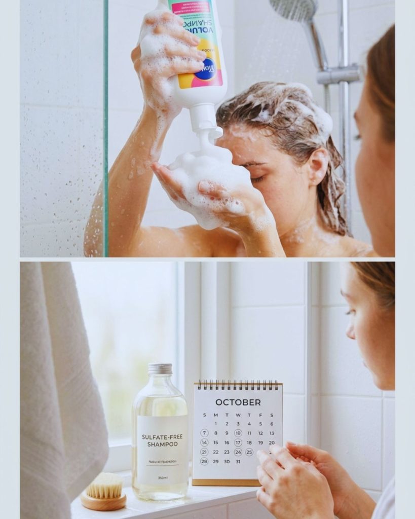 Shampoo bottle with foamy hair contrasted with sulfate-free shampoo and reduced wash schedule.