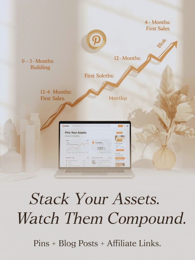 Minimalist workspace with laptop showing upward traffic graph and timeline illustrating compound growth from Pinterest, blog posts, and affiliate marketing.