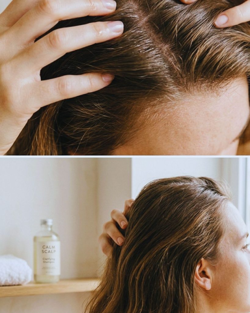 Woman massaging scalp to improve circulation and promote healthy hair growth.