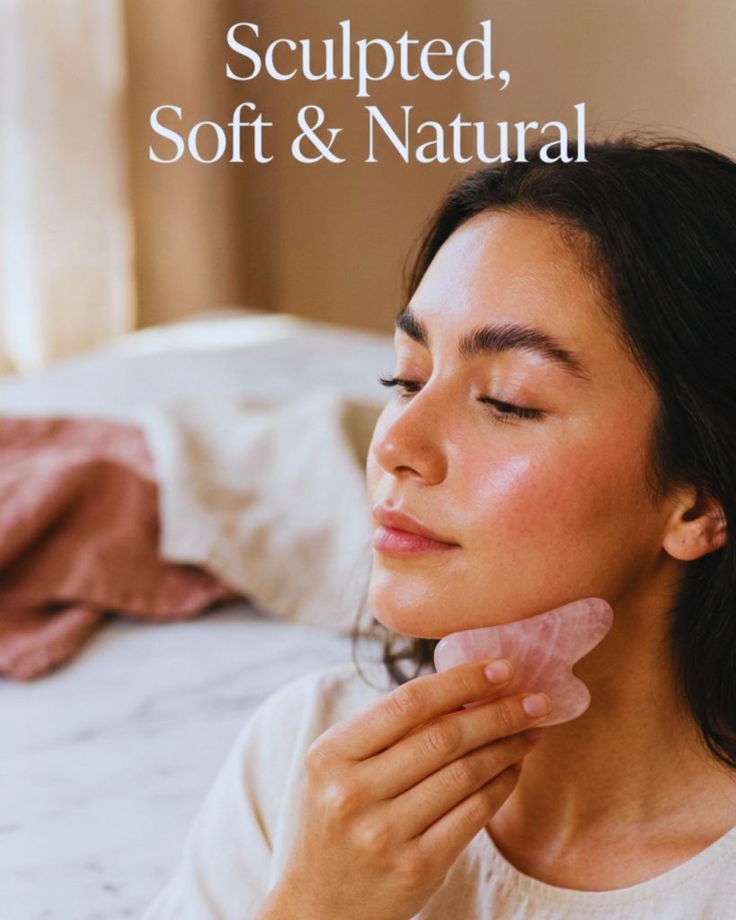 Close-up of a woman using a gua sha tool with glowing skin, fluffy brows, and natural lashes in soft lighting.