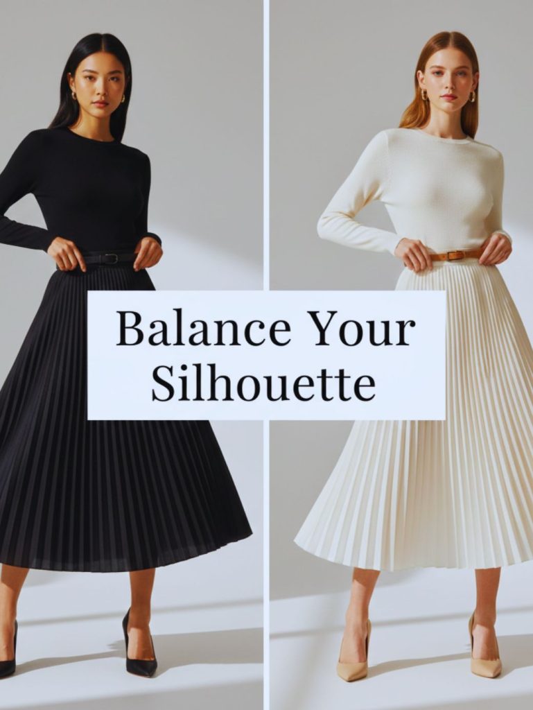 Pleated midi skirt styled with fitted top illustrating silhouette balance for expensive look.