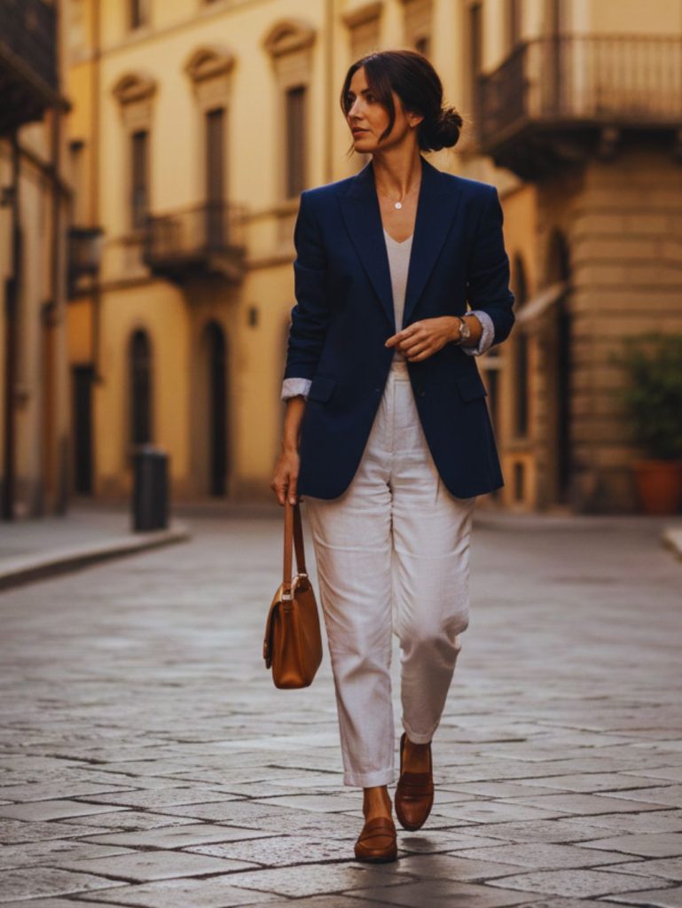 Woman wearing structured blazer with relaxed linen trousers demonstrating effortless old money silhouette balance.