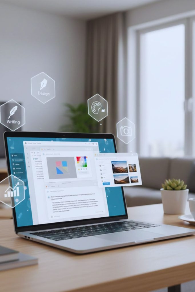 Laptop workspace showing AI tools used for writing, designing, and generating content for Pinterest marketing.