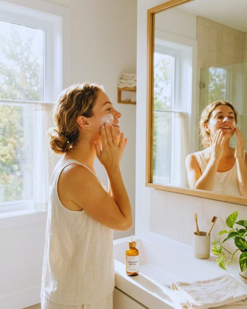 Woman applying sunscreen in morning light to protect skin from UV damage.