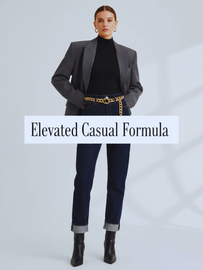 Dark wash jeans styled with structured blazer demonstrating expensive casual outfit idea.