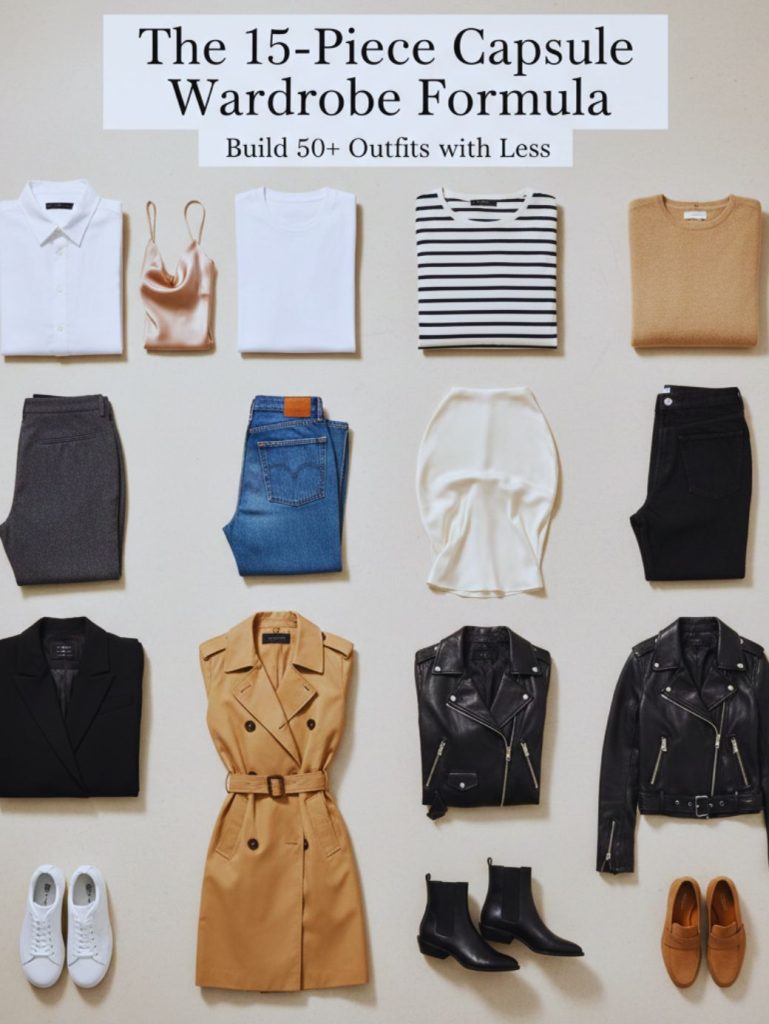 Flat lay of 15-piece capsule wardrobe including white shirt, silk camisole, blazer, trench coat, straight-leg denim, tailored trousers, slip skirt and minimalist shoes in neutral tones.