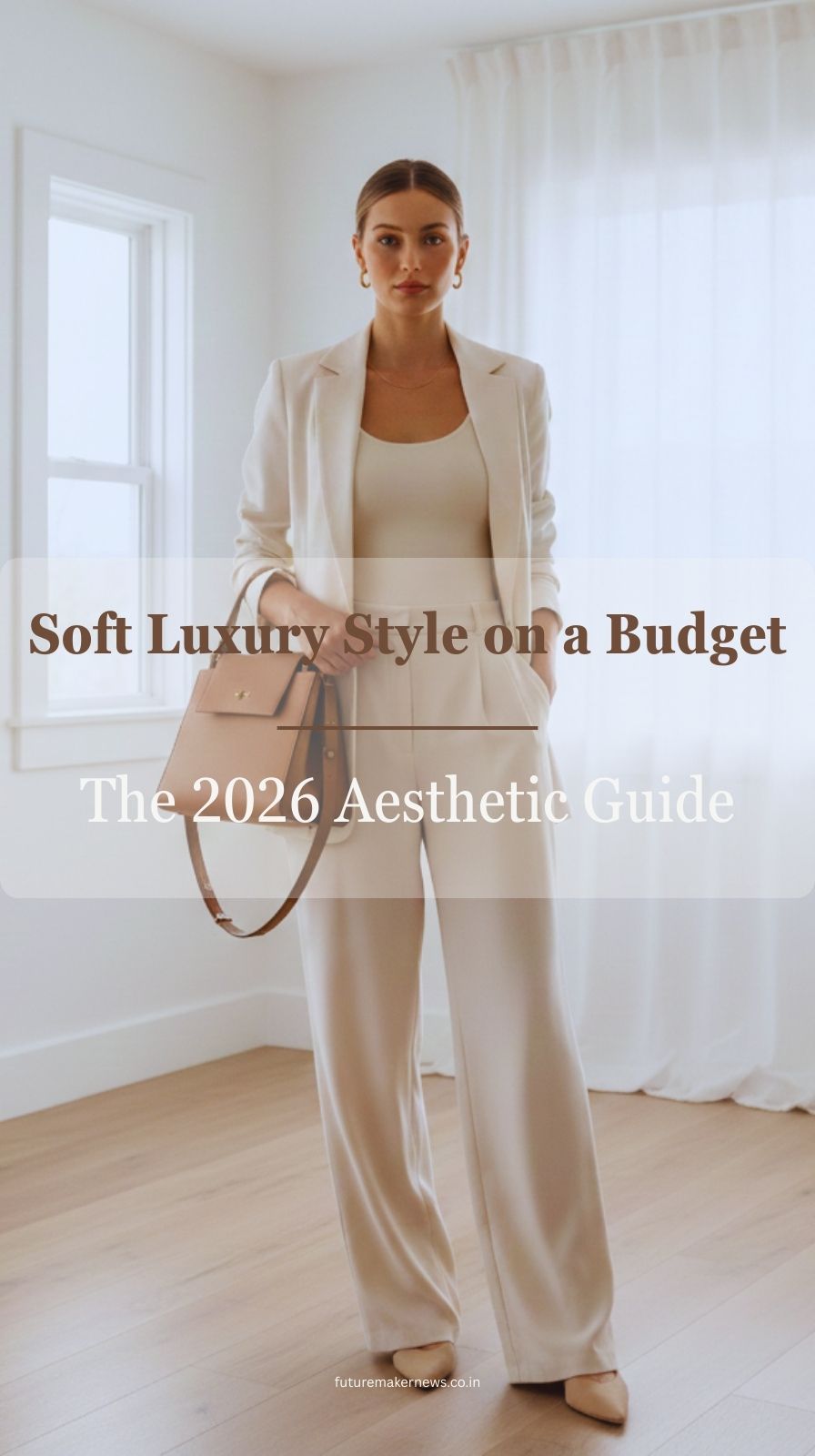 Woman wearing off-white blazer and wide-leg trousers in neutral minimalist setting representing soft luxury style on a budget.