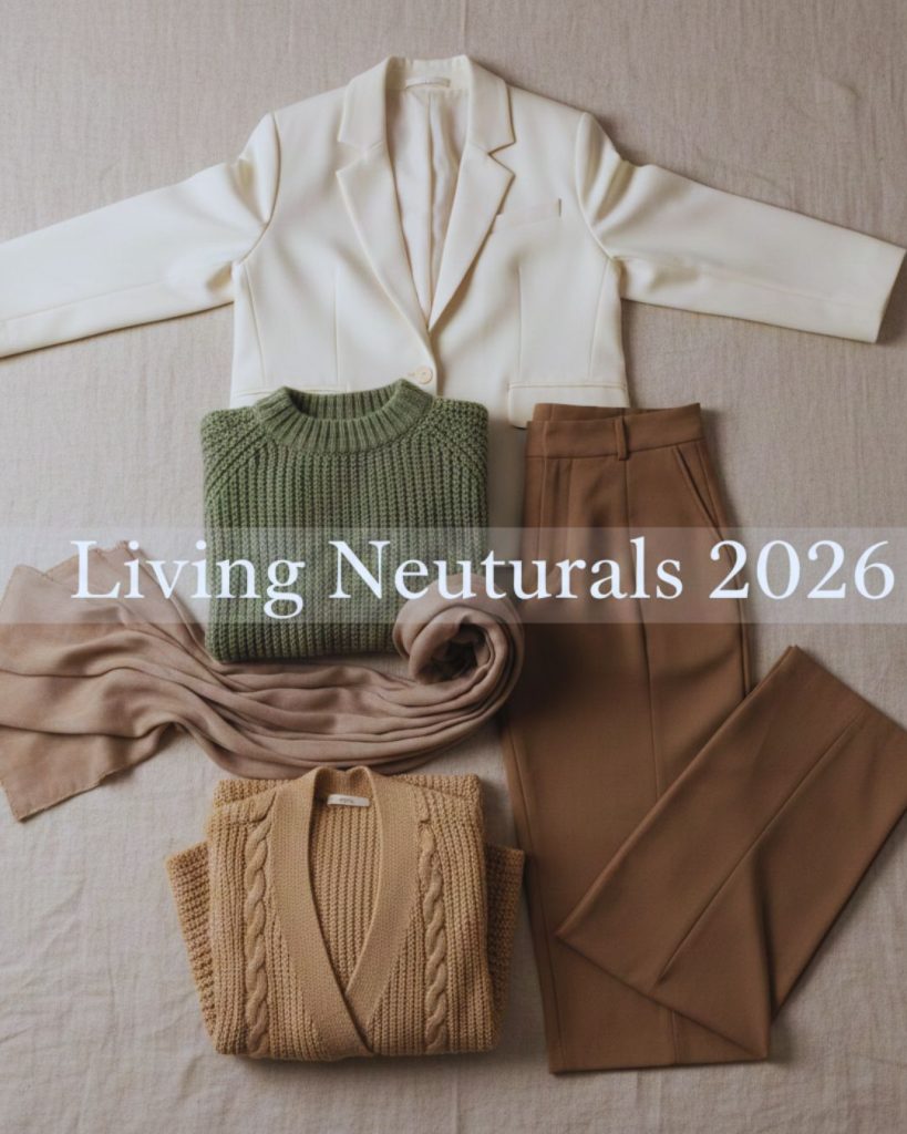 Flat lay of off-white, sage, and cocoa neutral clothing pieces representing soft luxury color palette for 2026.