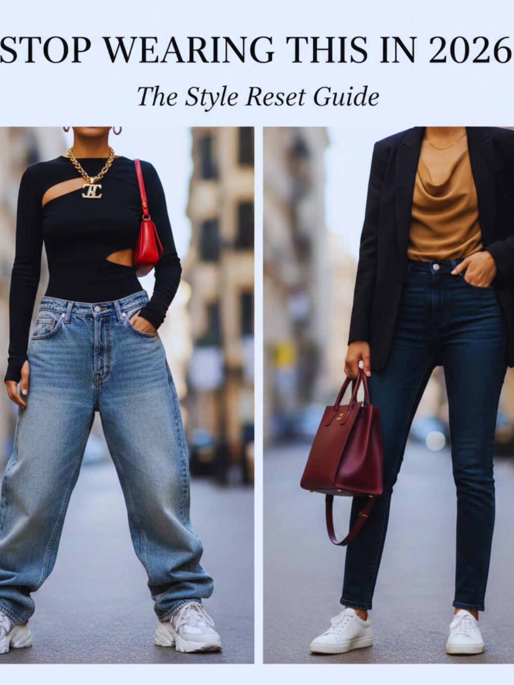 Side-by-side fashion comparison showing outdated baggy jeans and chunky sneakers versus refined 2026 tailored denim and structured tote.