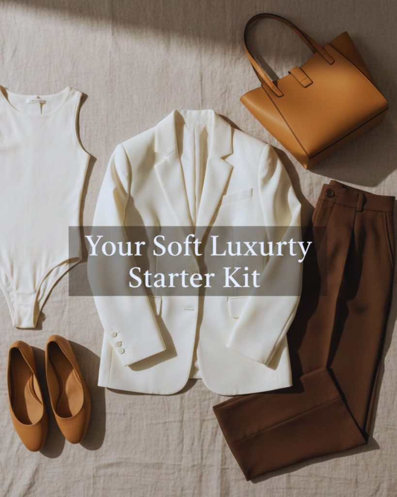Capsule wardrobe featuring off-white blazer, wide-leg trousers, leather tote and pointed-toe flats representing soft luxury starter kit.