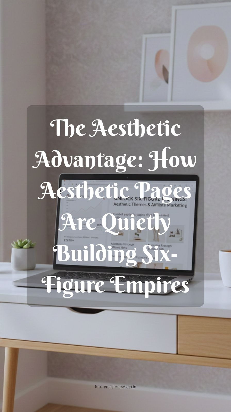 Minimalist neutral workspace with laptop showing Pinterest analytics and digital planner representing aesthetic pages building six-figure online businesses.