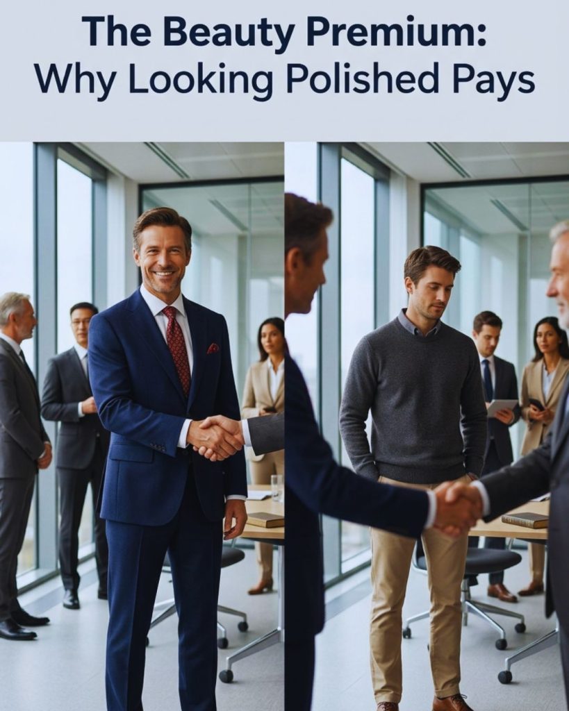Split-scene corporate office showing polished professional confidently closing a deal while casually dressed individual is overlooked, illustrating the beauty premium effect.