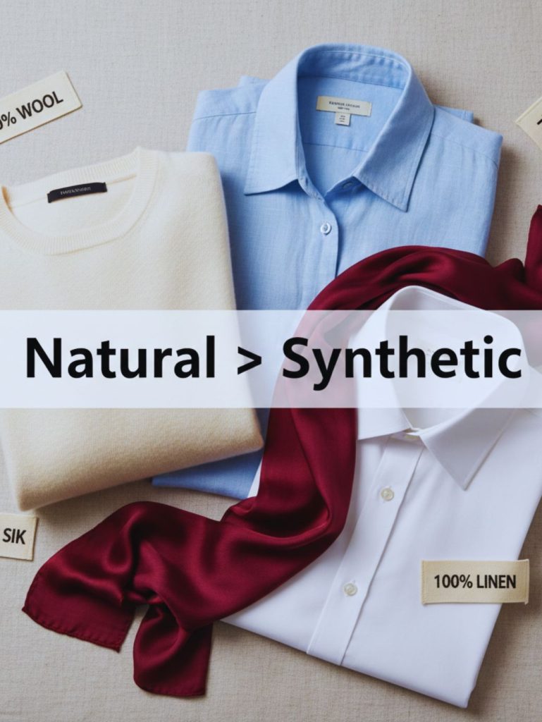 Flat lay of cashmere, linen, silk and Egyptian cotton garments representing natural fabrics for old money style.