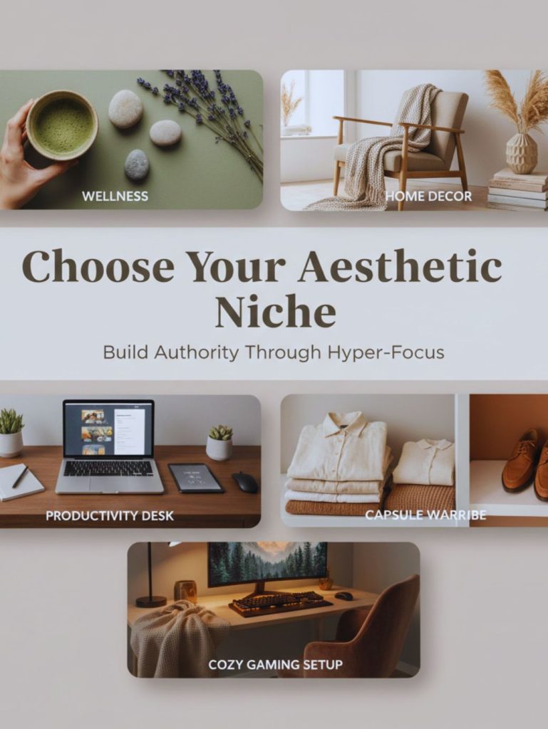 Soft life wellness aesthetic bedroom with matcha and skincare representing a profitable niche theme page.