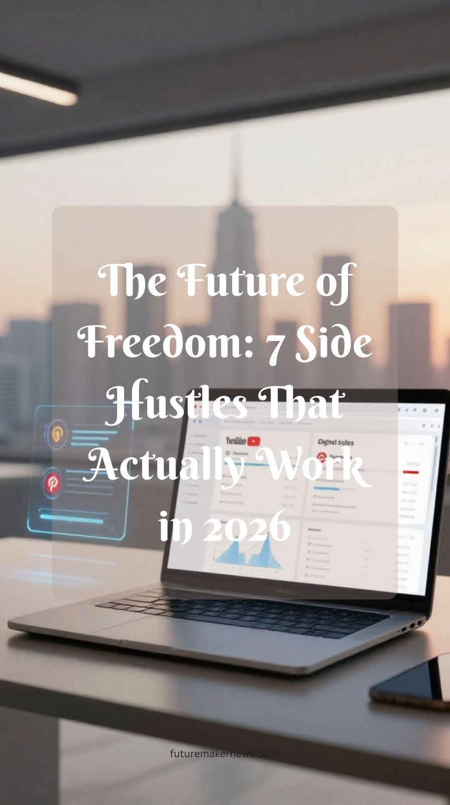 Futuristic workspace with laptop showing multiple online income dashboards representing profitable side hustles in 2026.