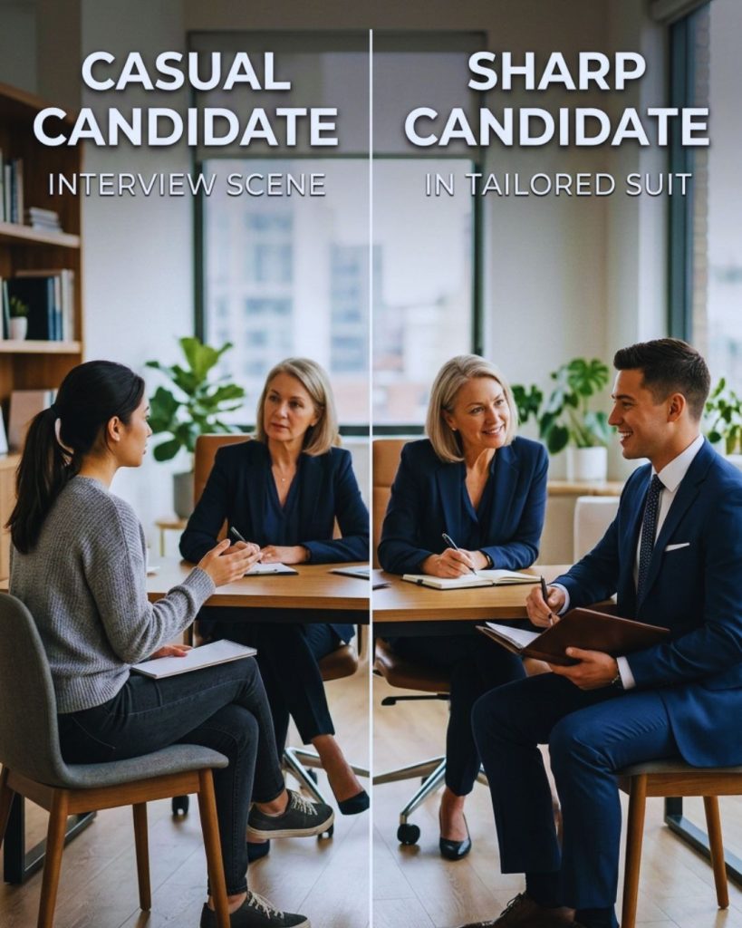 Interview comparison between casually dressed and professionally dressed candidate showing stronger positive response to polished appearance.
