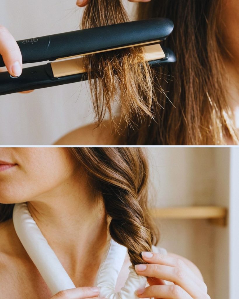 Flat iron near dry hair contrasted with heatless curl method using silk rod.