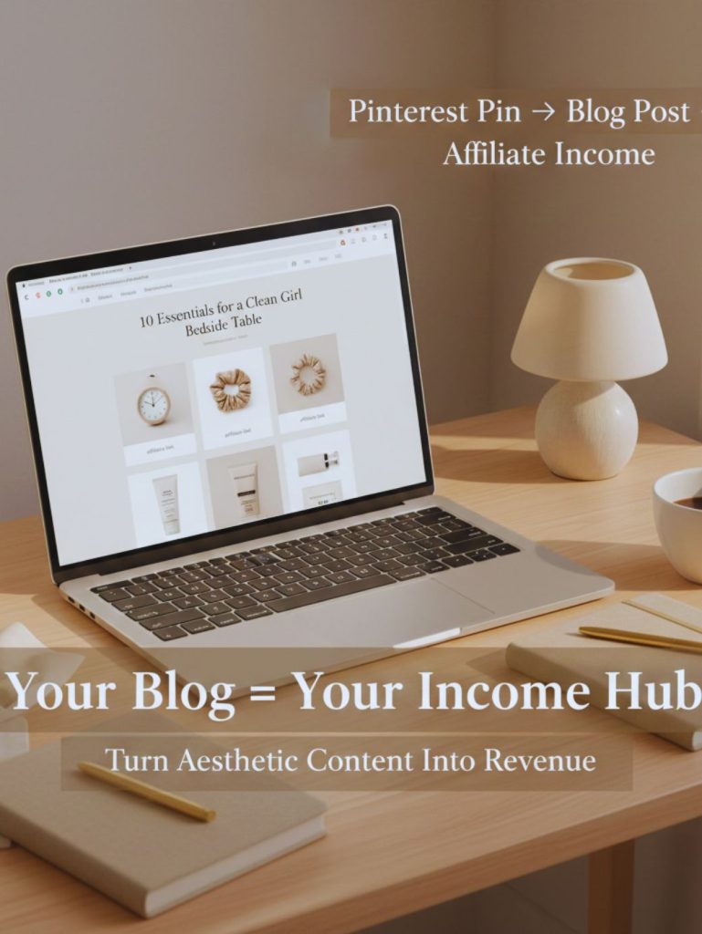 Neutral aesthetic workspace with laptop displaying monetized blog post and affiliate product links, representing how aesthetic blogs generate passive income.